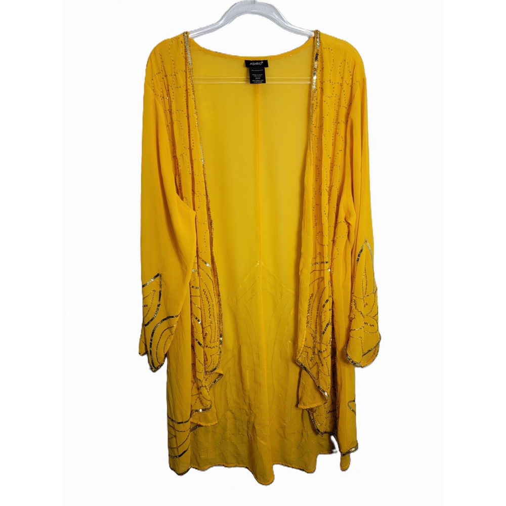 Ashro Women 26W Kimono Duster Cardigan Yellow Sequin Beaded Sheer Chiffon
